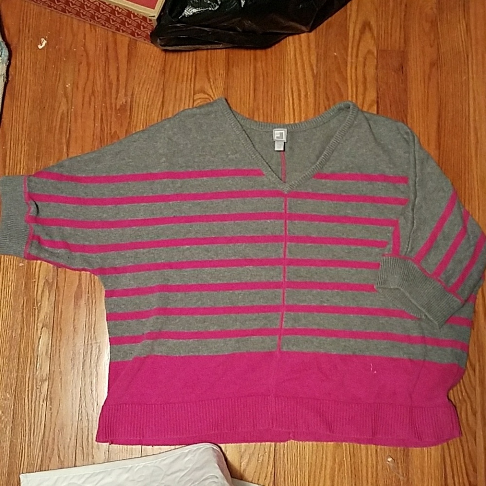 Pink/Gray Striped Slouch Sleeve Knit Sweater
